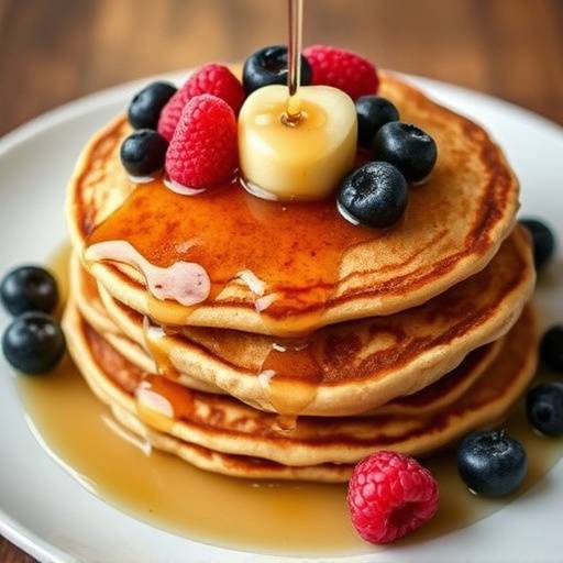 A stack of fluffy whole wheat pancakes topped with fresh berries and a drizzle of maple syrup