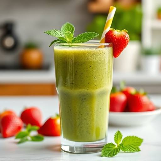A vibrant green smoothie in a glass, garnished with mint and a strawberry, on a bright kitchen counter.