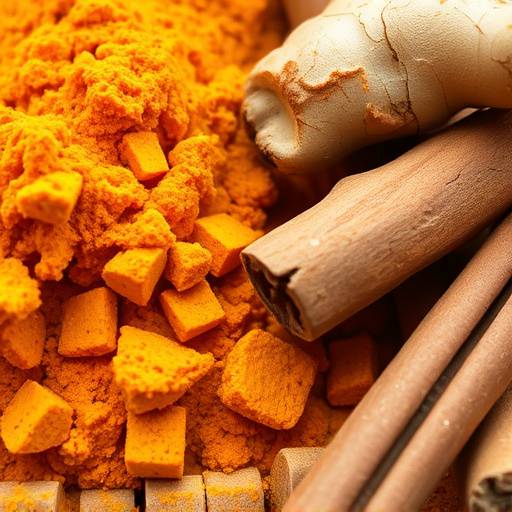 Close-up image of turmeric, ginger and cinnamon arranged together, showcasing their vibrant colors