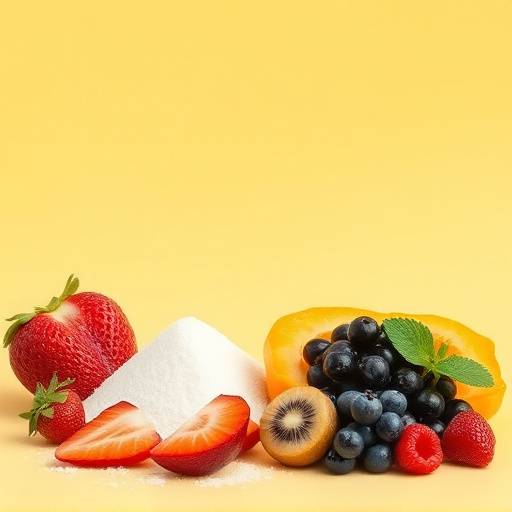 Image contrasting a bowl of refined sugar with a bowl of fresh fruits