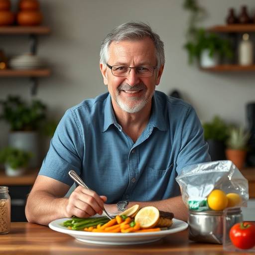John Smith, a diabetic patient, checking his blood sugar levels after enjoying a diabetes-friendly meal from Vitality Eats