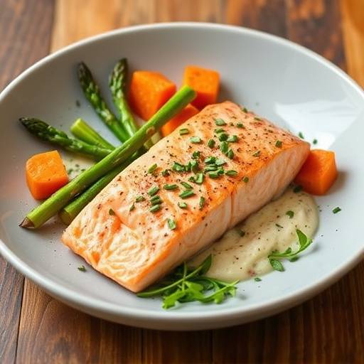 Salmon with asparagus and roasted sweet potatoes