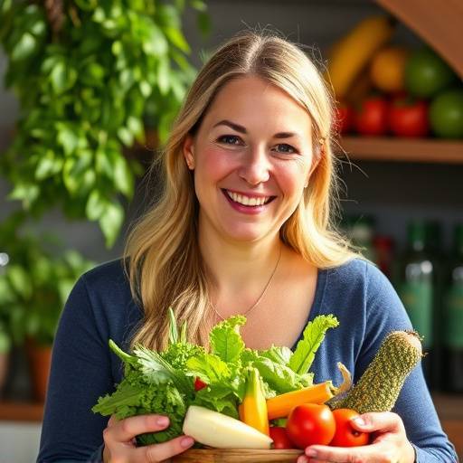 Smiling woman, Sarah Miller, holding a plate of healthy food from a Vitality Eats recipe